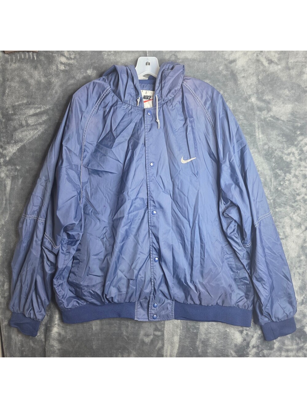 Vintage Nike Mens Jacket XXL Blue Windbreaker Snap Hoodie Embroidered Back Logo